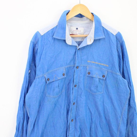 Amicale Shirt Mens Blue Button Down Long Sleeve Slim Fit Cotton Collared 2XL - Picture 3 of 9